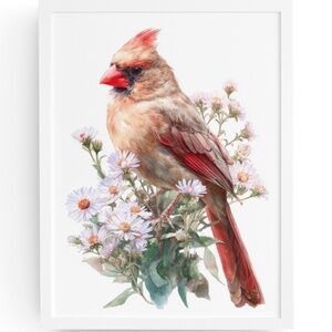 Watercolor Female Cardinal Bird with Flowers Wall Art Print Unframed